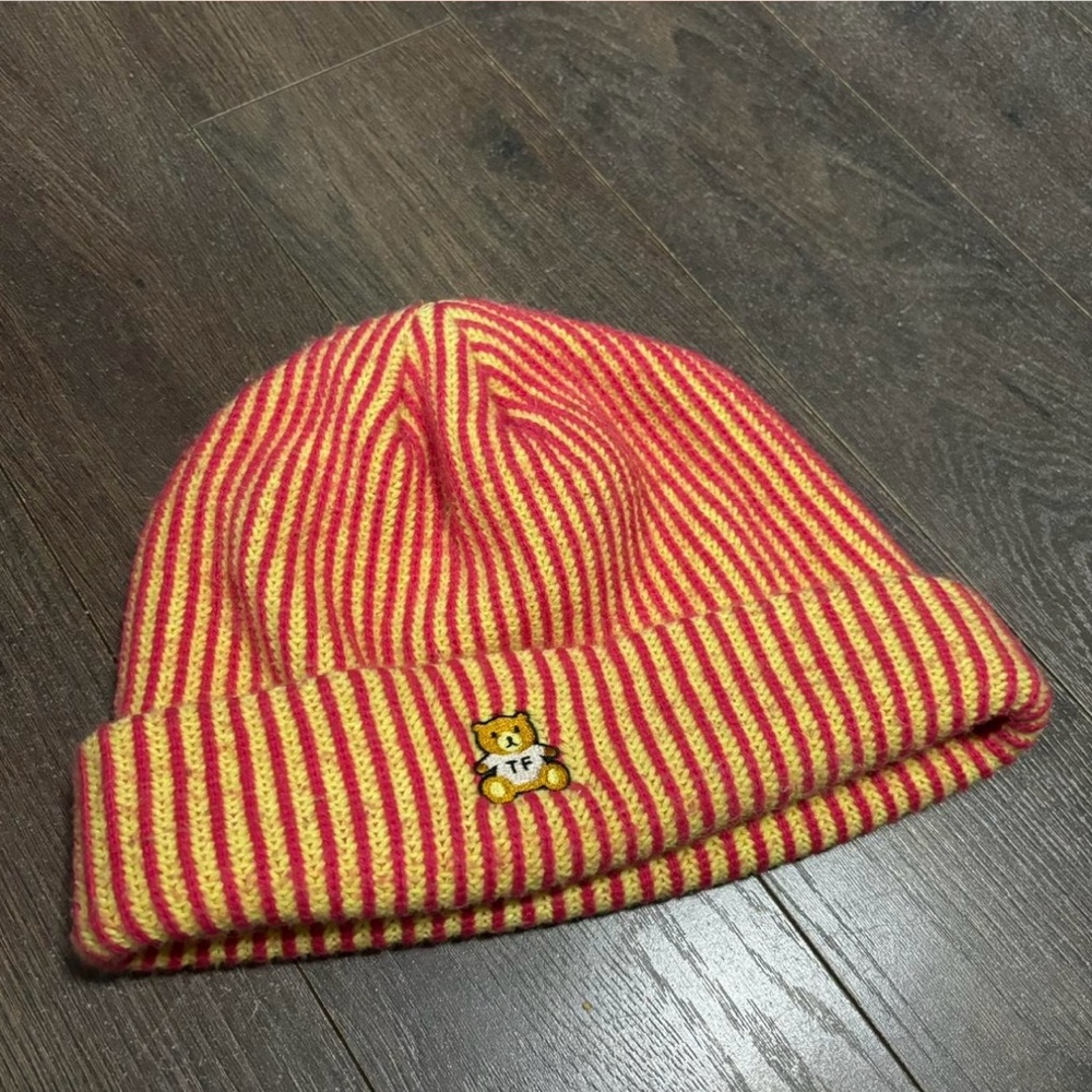 Striped Beanie with Bear Patch